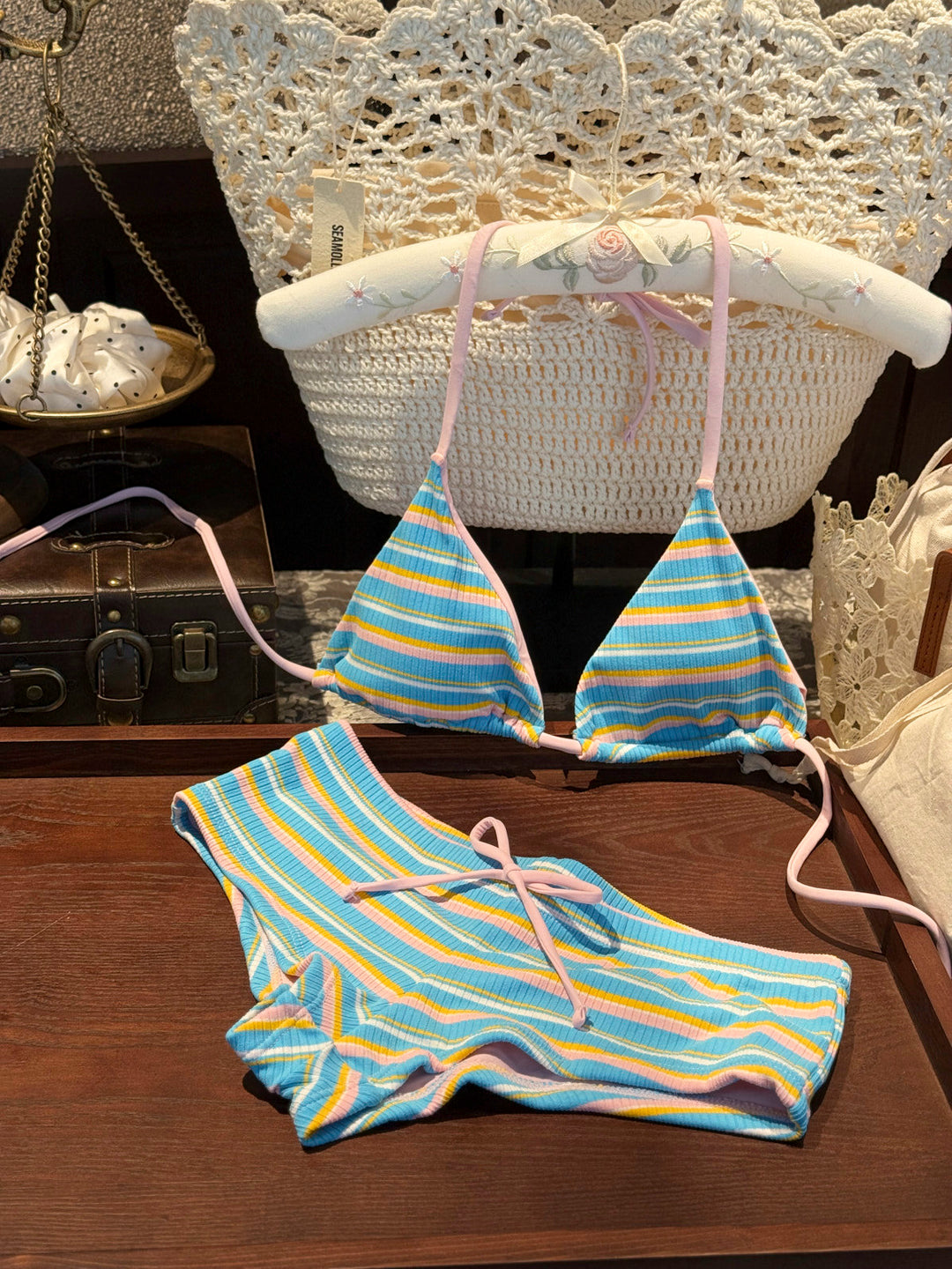 Seamolly Ribbed Striped Triangle Cheeky Boyshorts Bikini Set
