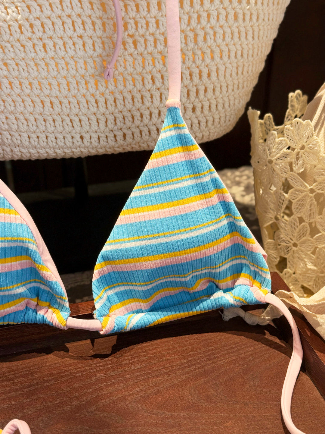 Seamolly Ribbed Striped Triangle Cheeky Boyshorts Bikini Set