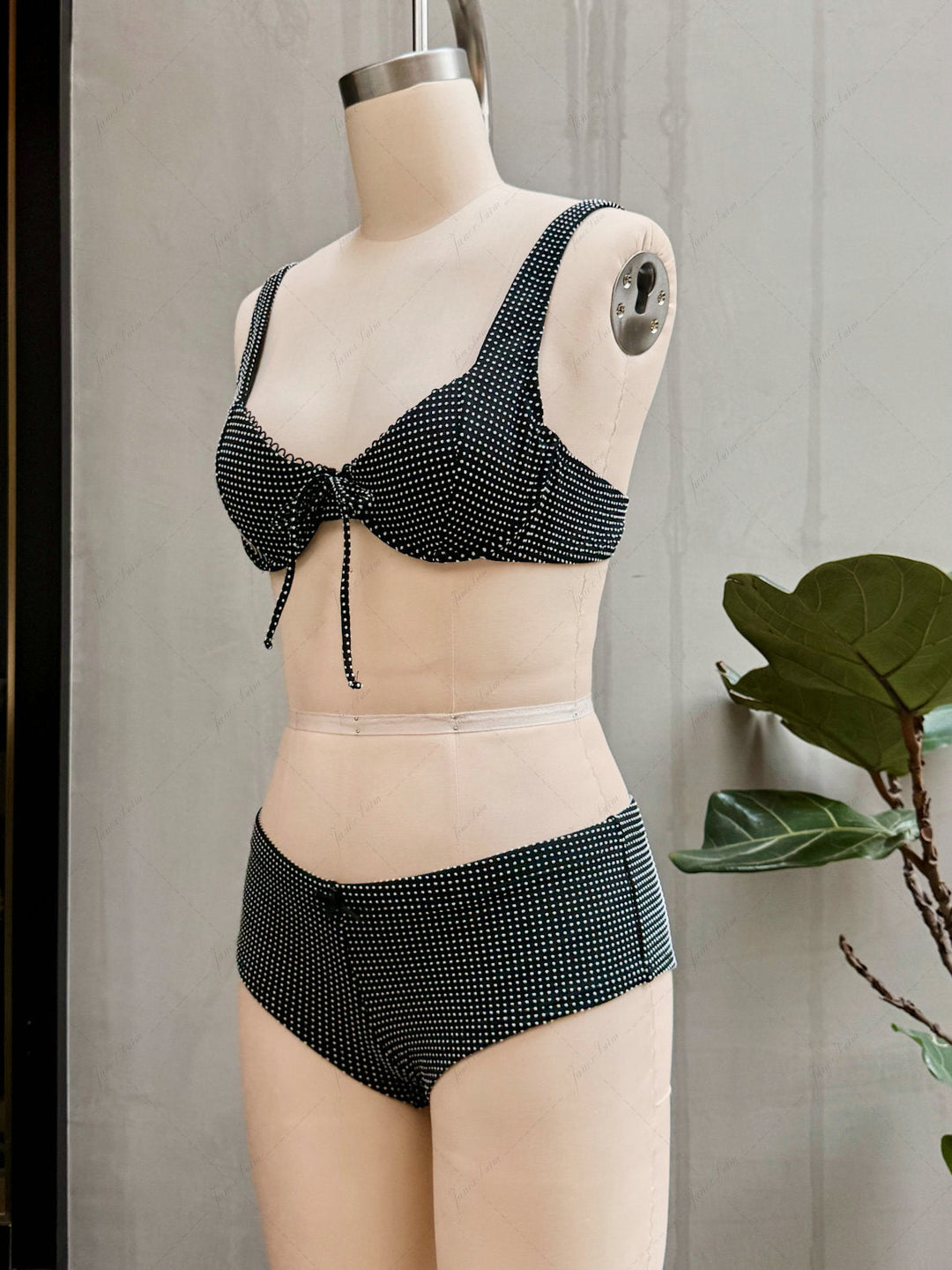 Janex Black Pin Dot Jacquard Fabric Picot Trim Underwire Bikini Set