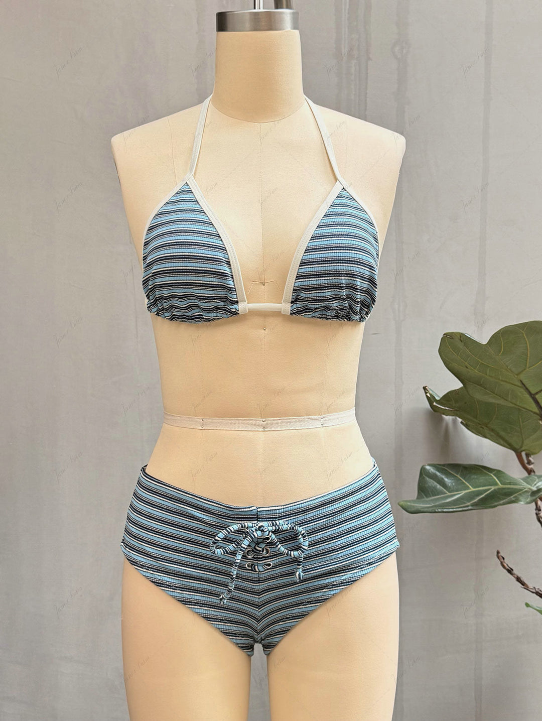 Blue Knit Striped Ribbed Lace-Up Bikini Set