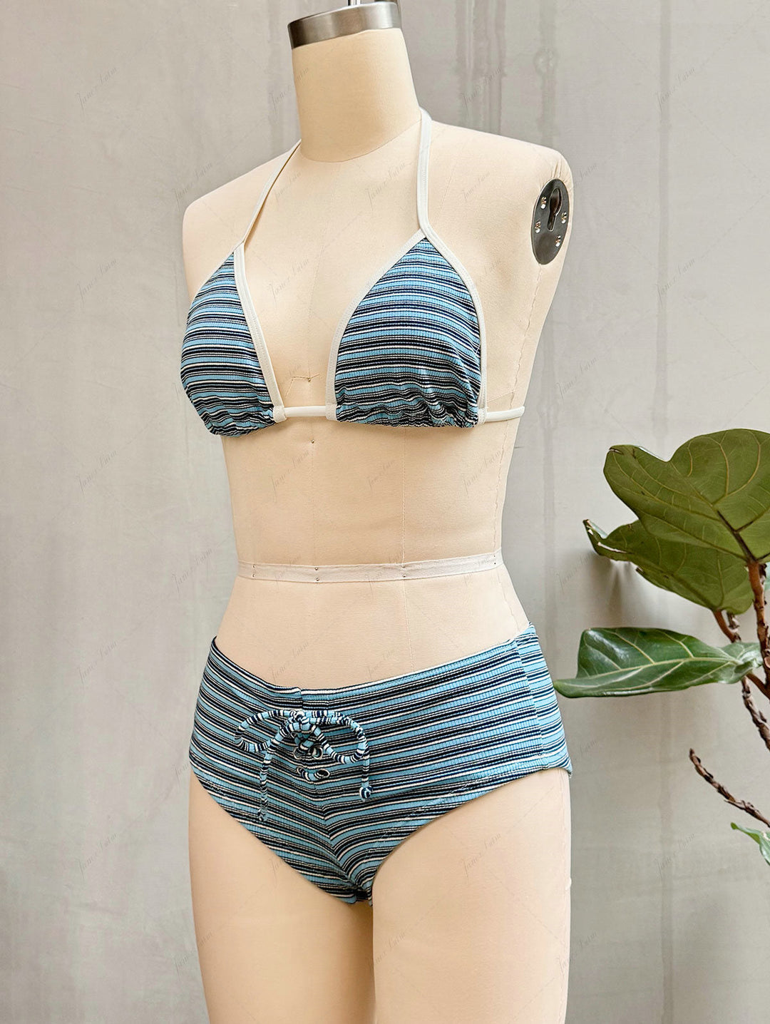 Blue Knit Striped Ribbed Lace-Up Bikini Set