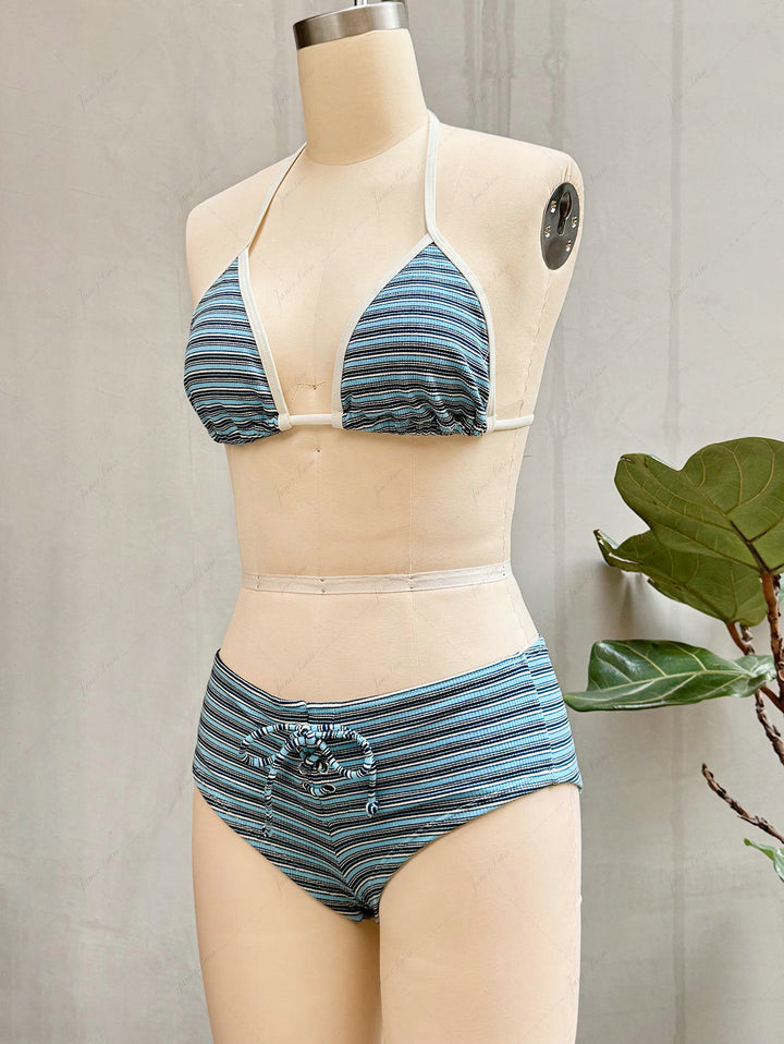 Blue Knit Striped Ribbed Lace-Up Bikini Set