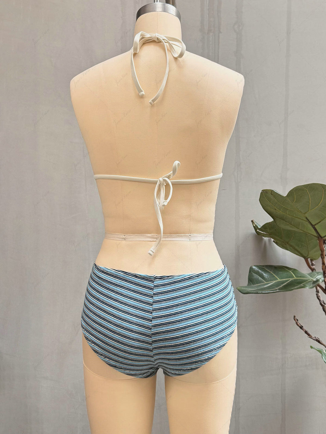 Blue Knit Striped Ribbed Lace-Up Bikini Set