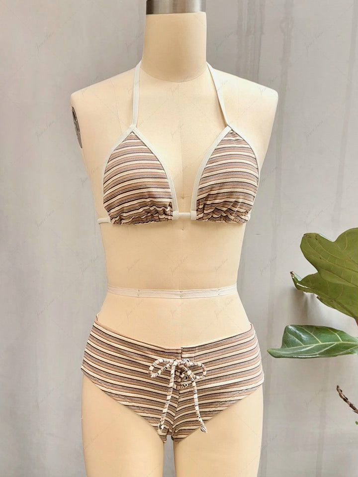 Brown Knit Striped Ribbed Contrast Binding Halter Triangle Bikini Set