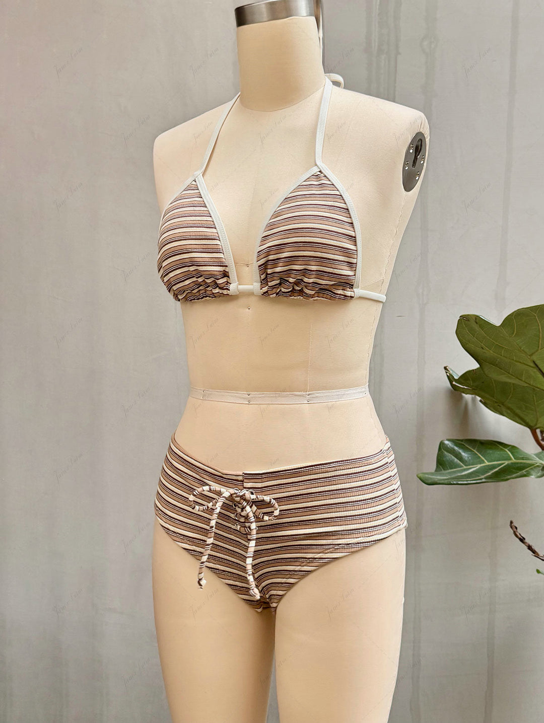 Brown Knit Striped Ribbed Contrast Binding Halter Triangle Bikini Set