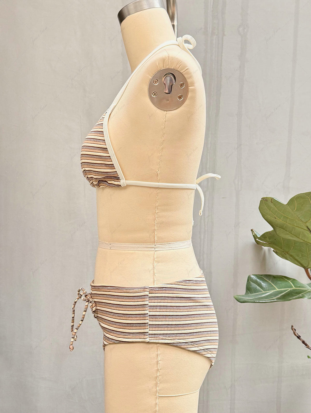 Brown Knit Striped Ribbed Contrast Binding Halter Triangle Bikini Set