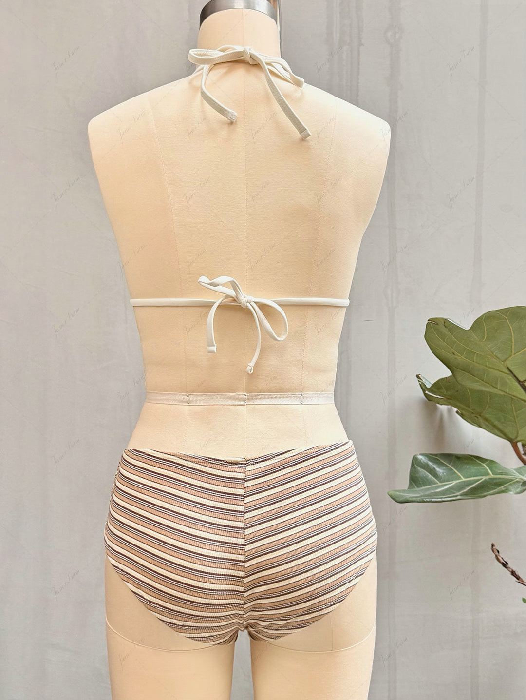 Brown Knit Striped Ribbed Contrast Binding Halter Triangle Bikini Set