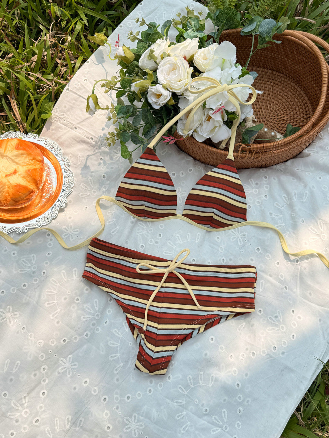 Yellow Knit Striped Halter Triangle Push Up Bikini Top