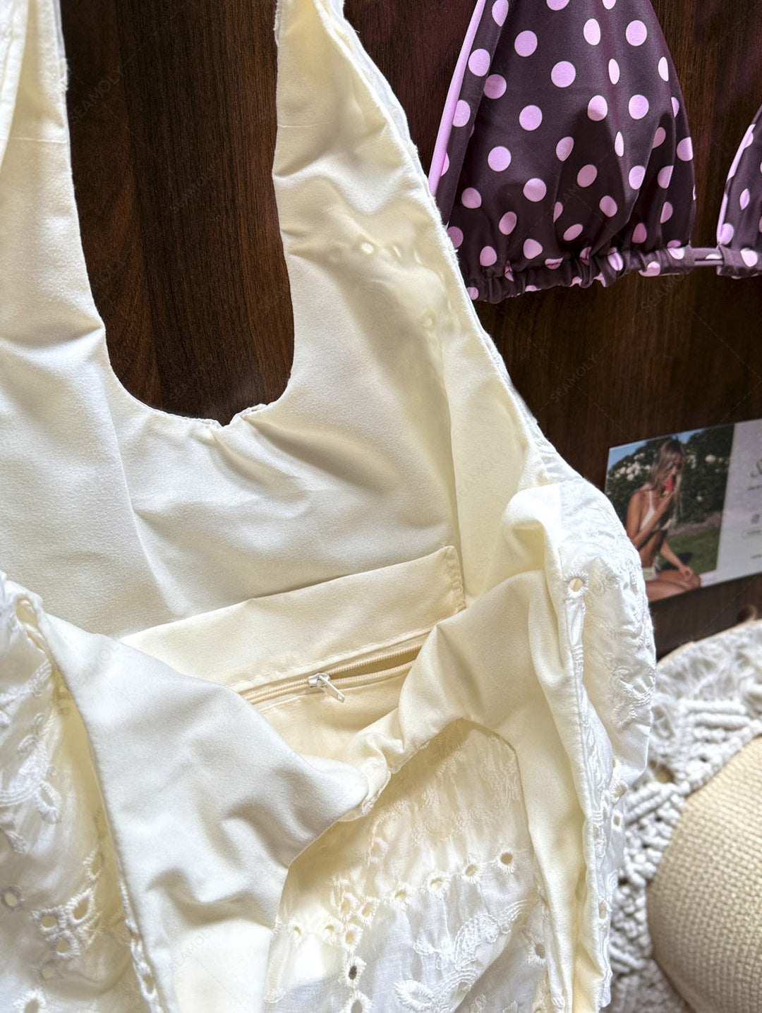 French Checkered Eyelet Floral Embroidery Vest-style Tote Bag