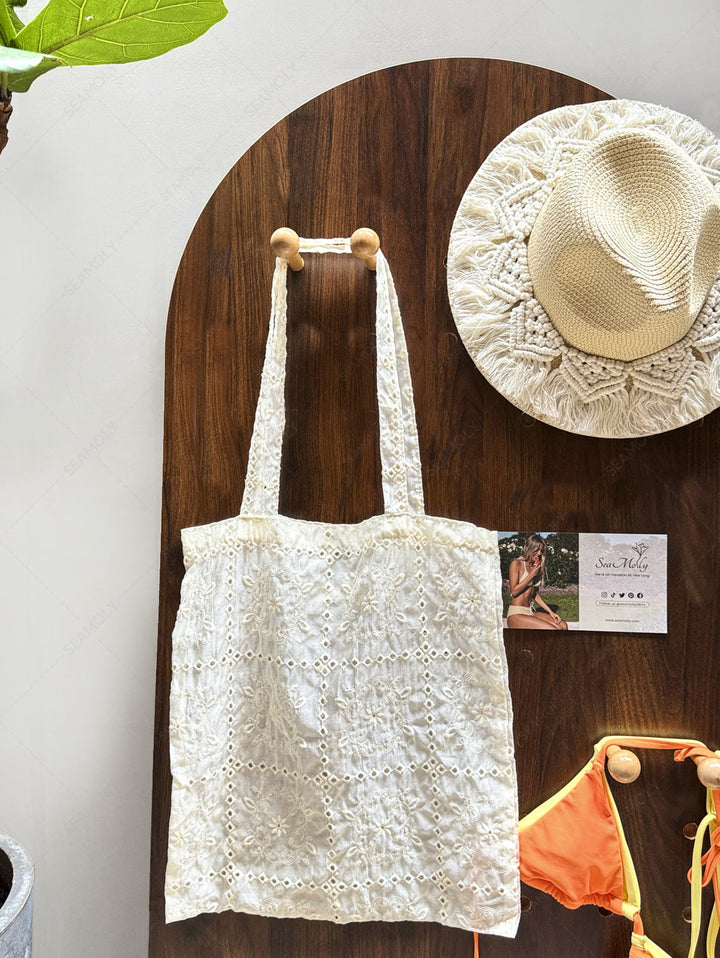 French Checkered Eyelet Floral Embroidery Shoulder Bag