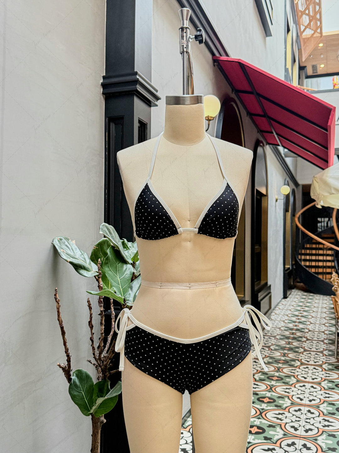 Black Polka Dot Contrast Binding Halter Triangle Bikini Set