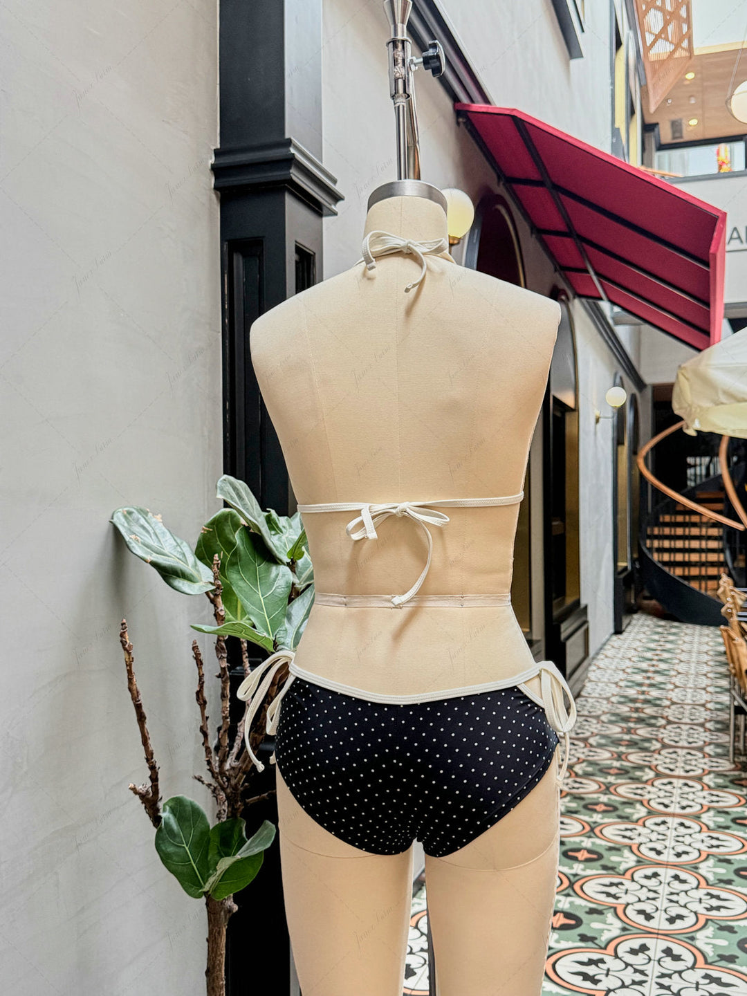 Black Polka Dot Contrast Binding Halter Triangle Bikini Set