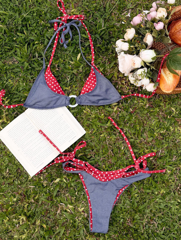 Seamolly Denim Polka Dot Print O Ring Double Layer Bikini Set
