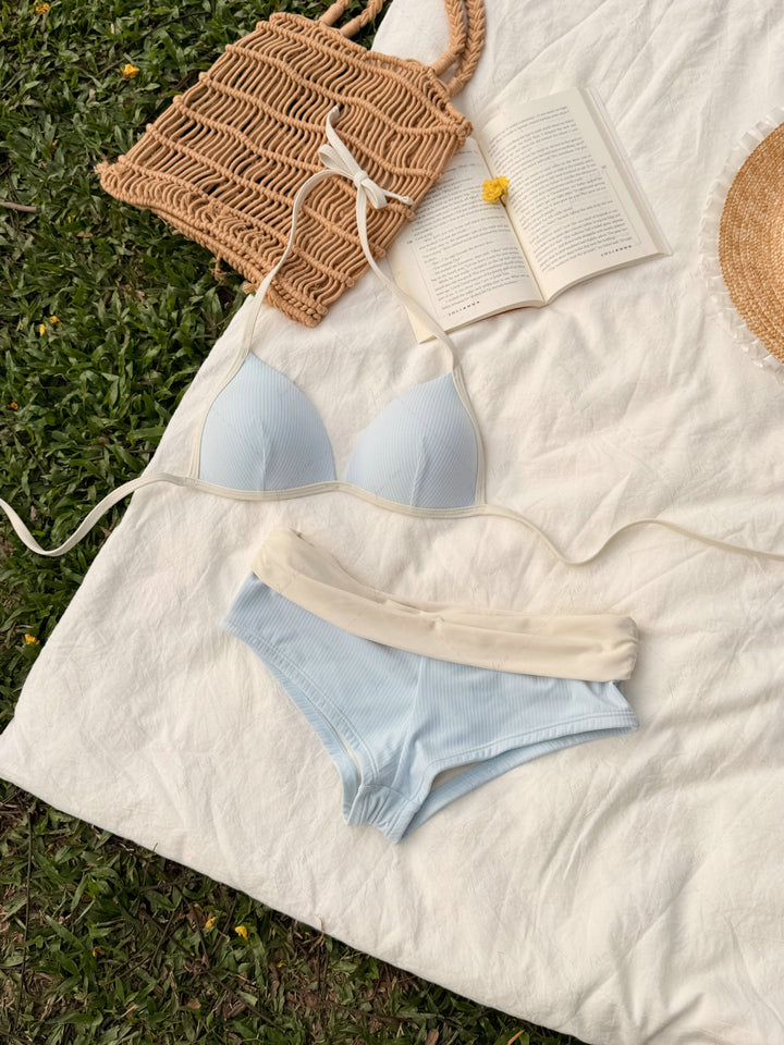 Light Blue Contrast Binding Ribbed Knit Halter Triangle Push Up Bikini Set