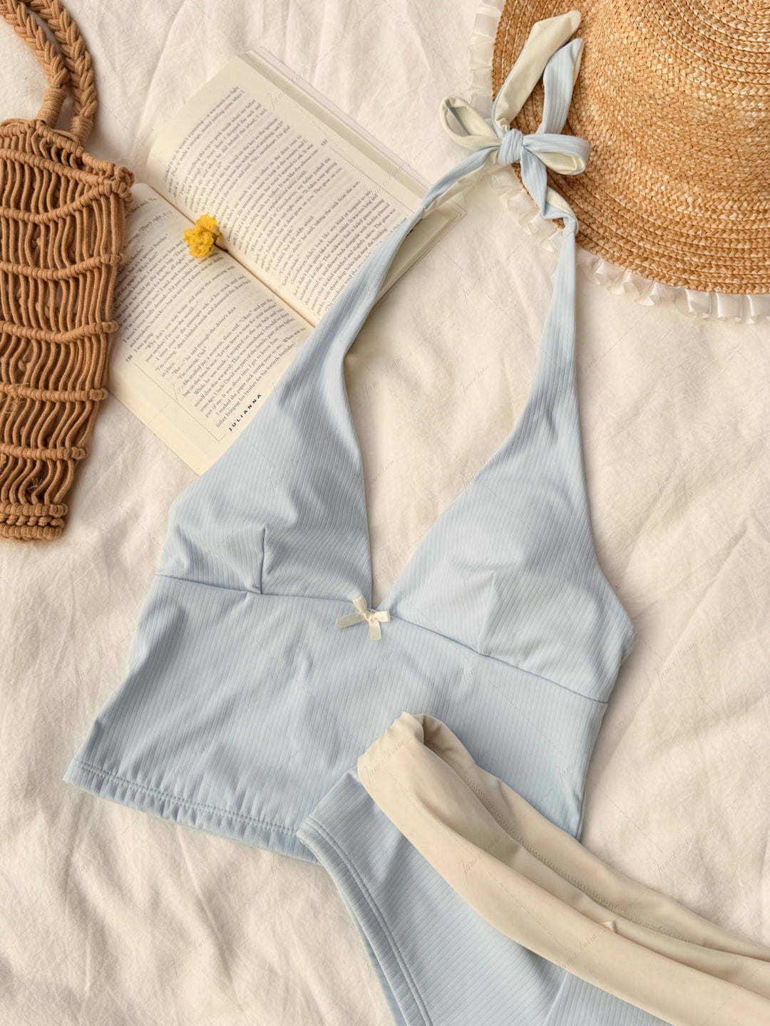 Light Blue Ribbed Knit Bowknot Halter Foldover Cheeky Boyshorts Tankini Set