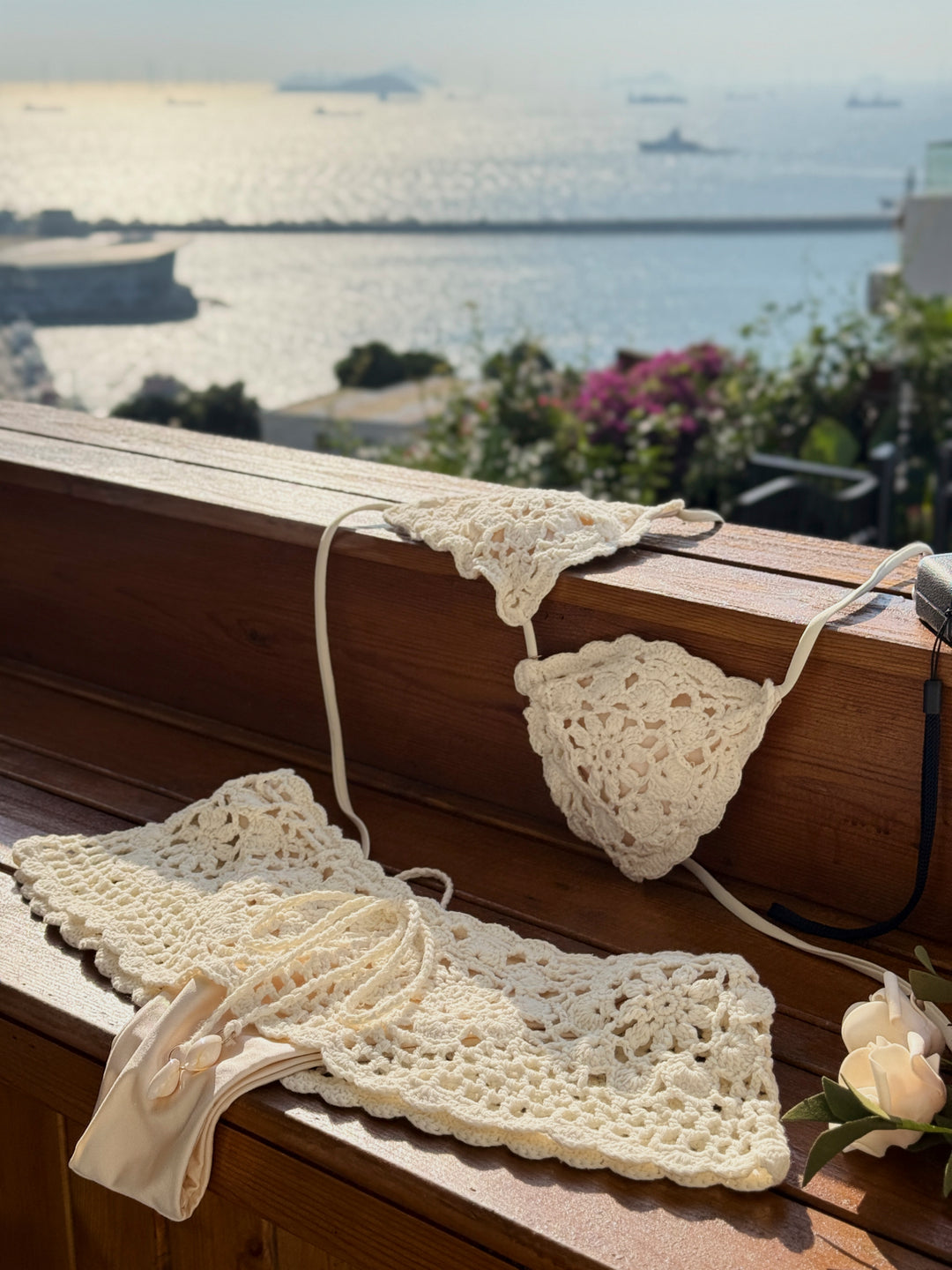 Seamolly Crochet Floral Scalloped Trim Triangle Skirted Bikini Set