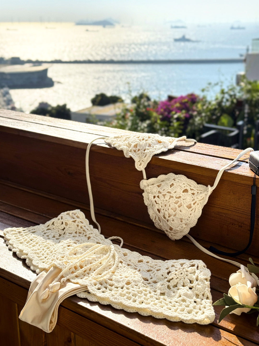 Seamolly Handmade Crochet Knit Floral Shine Triangle Skirted Bikini Set