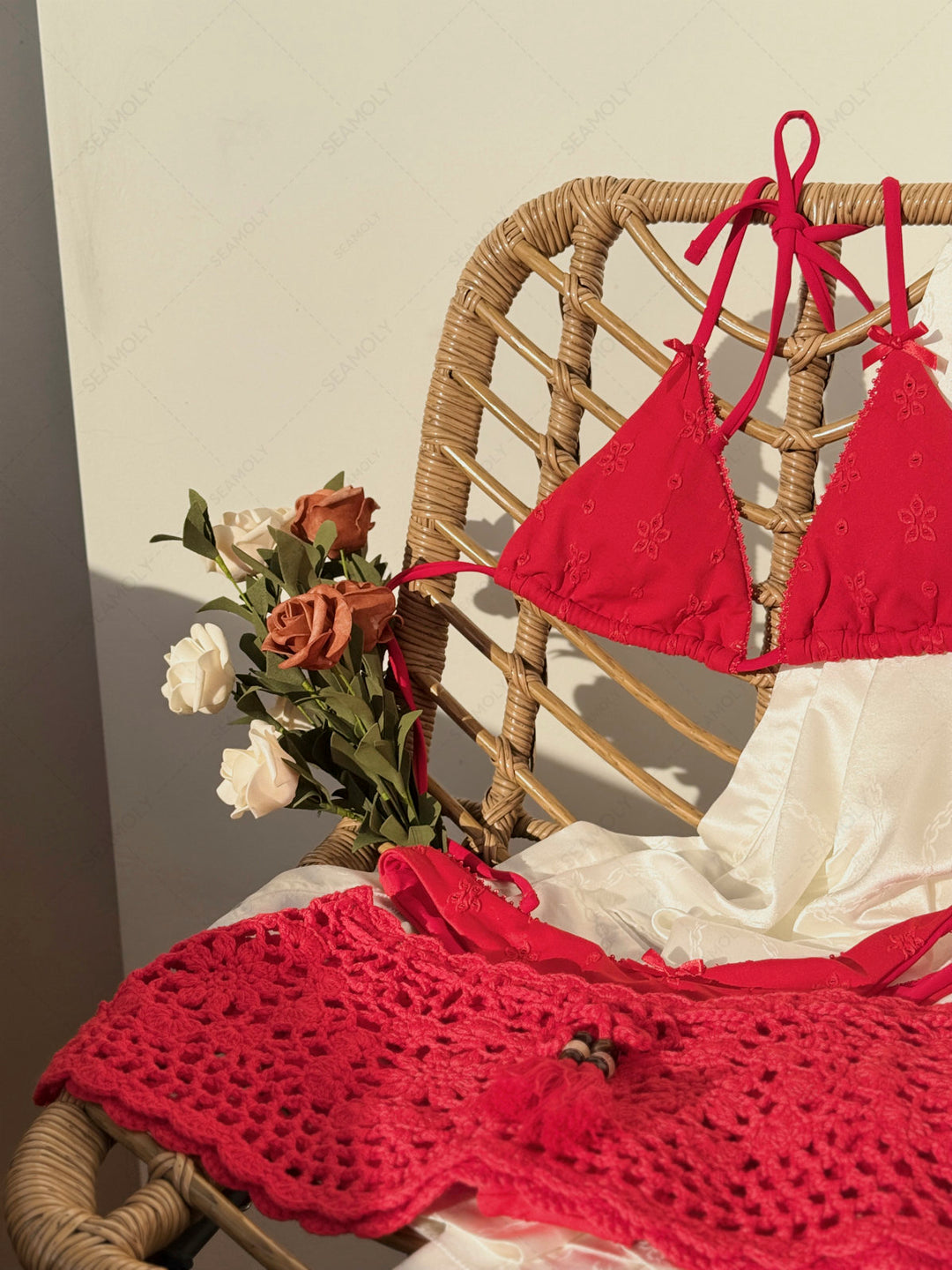 Seamolly 3 Piece Swimsuit - Recycled Fabric Jacquard Halter Triangle Bikini Set & Crochet Skirt Cover Up