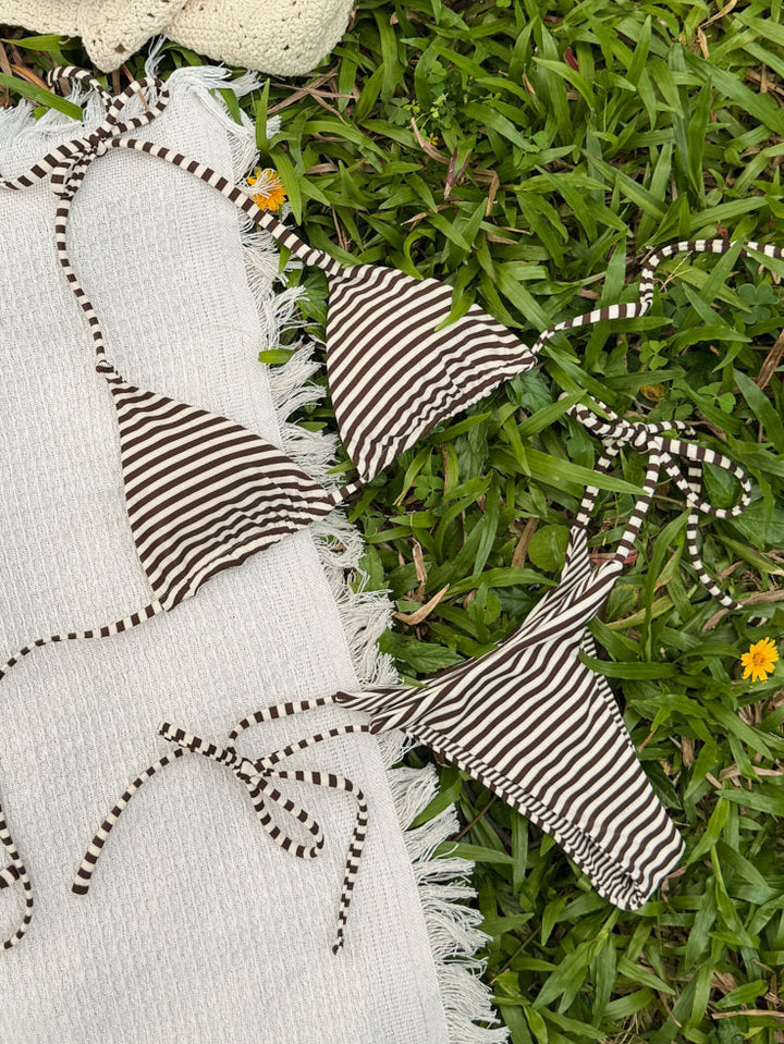 Brown Knit Striped Halter Triangle String Reversible Bikini Set