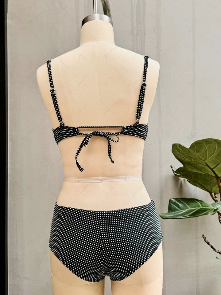 Janex Black Pin Dot Jacquard Fabric Picot Trim Underwire Bikini Set