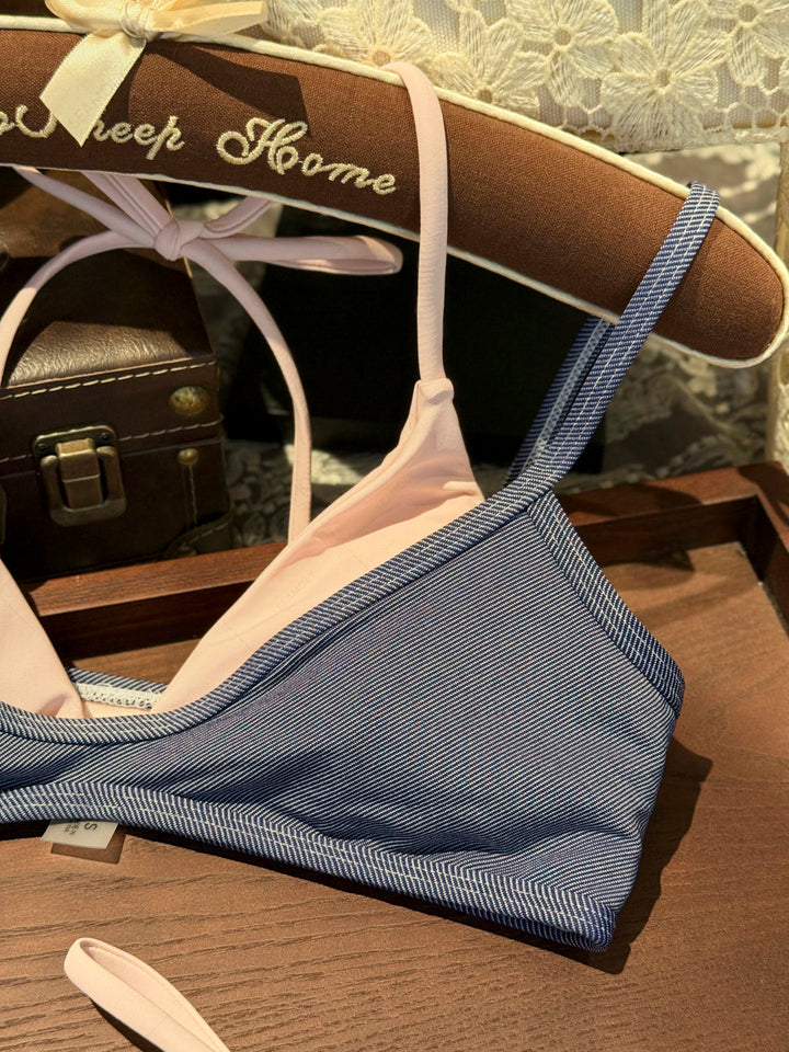 Seamolly Denim Contrast Color Tie Side Double Layer Bikini Set