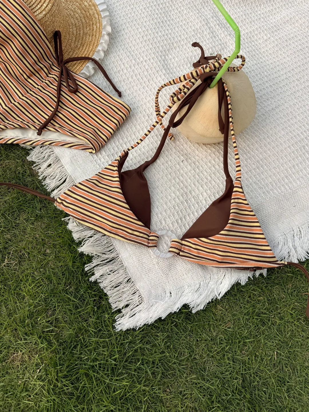 Yellow Ribbed Striped O Ring Double Layer Top & Cheeky Boyshorts Bikini Set