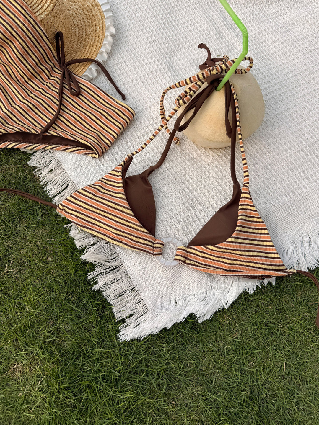 Yellow Ribbed Striped O Ring Double Layer Top & Cheeky Boyshorts Bikini Set