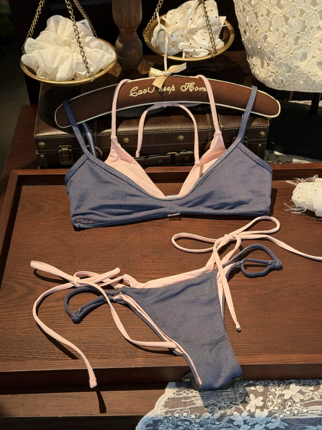 Seamolly Denim Contrast Color Tie Side Double Layer Bikini Set