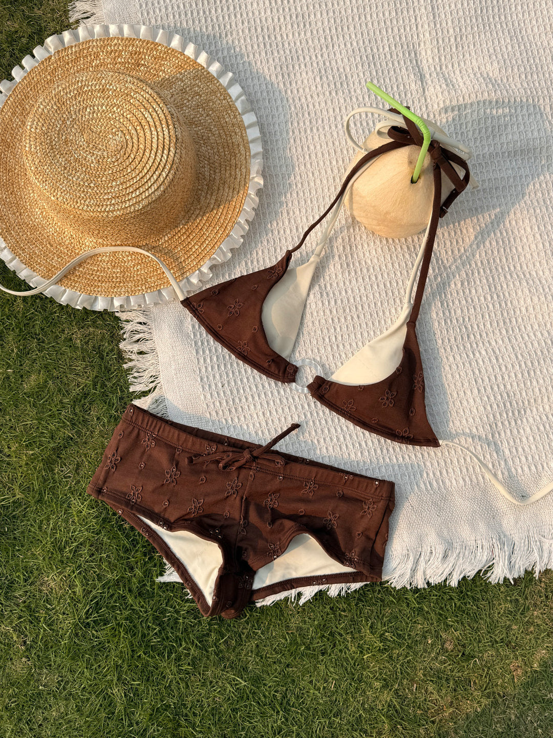 Deep Coffee Recycled Fabric Eyelet Jacquard O Ring Double Layer Top & Cheeky Boyshorts Bikini Set