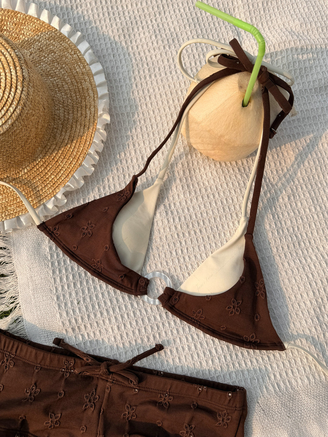 Deep Coffee Recycled Fabric Eyelet Jacquard O Ring Double Layer Top & Cheeky Boyshorts Bikini Set