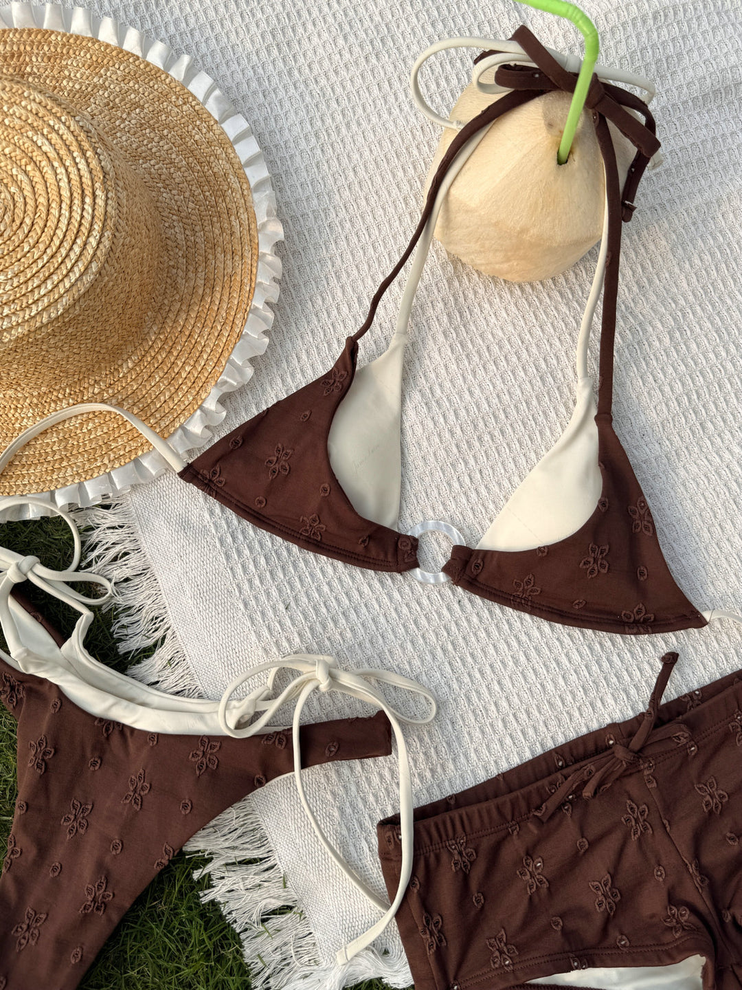 Deep Coffee Recycled Fabric Eyelet Jacquard O Ring Double Layer Bikini Set