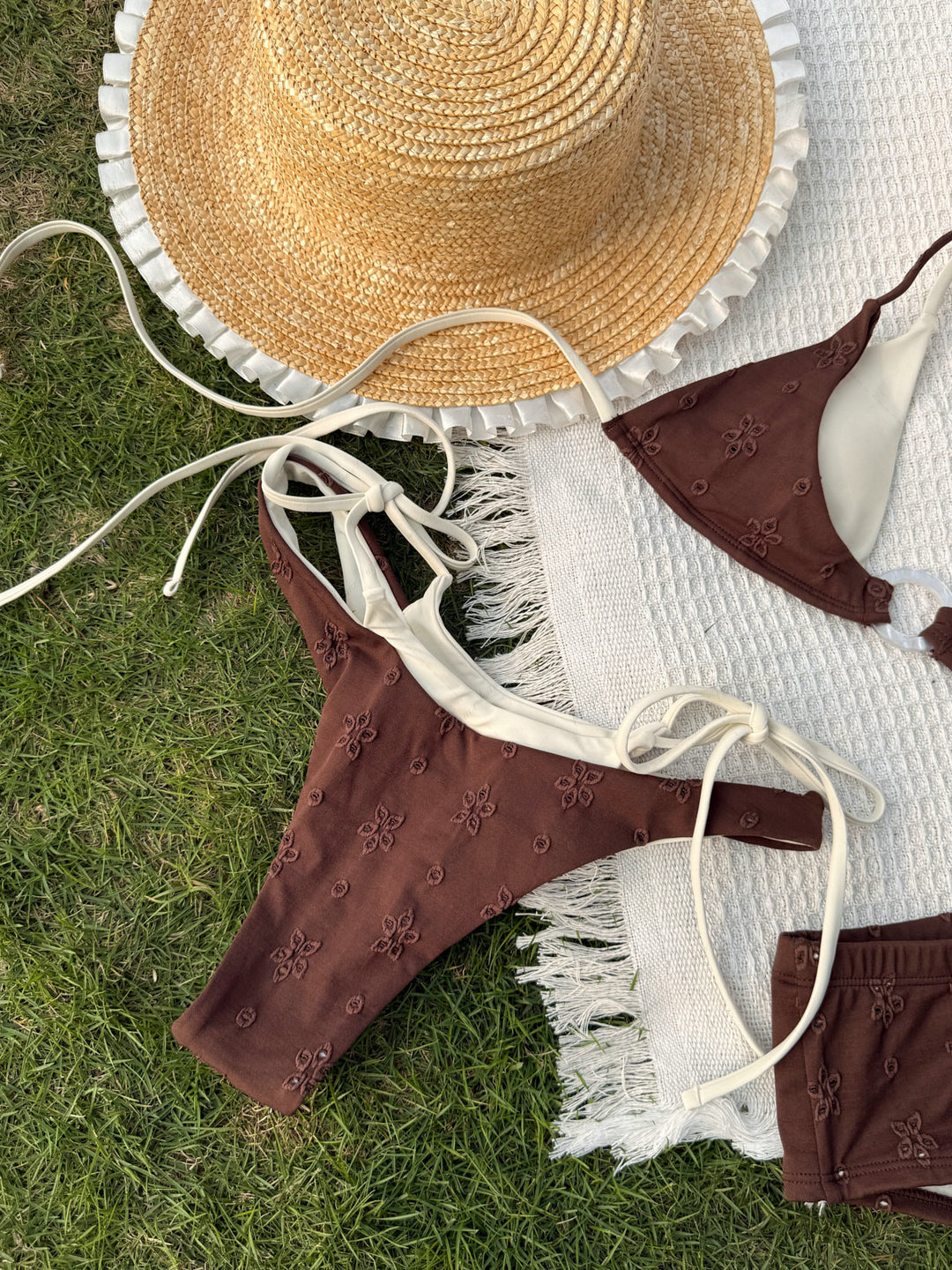 Deep Coffee Recycled Fabric Eyelet Jacquard O Ring Double Layer Bikini Set