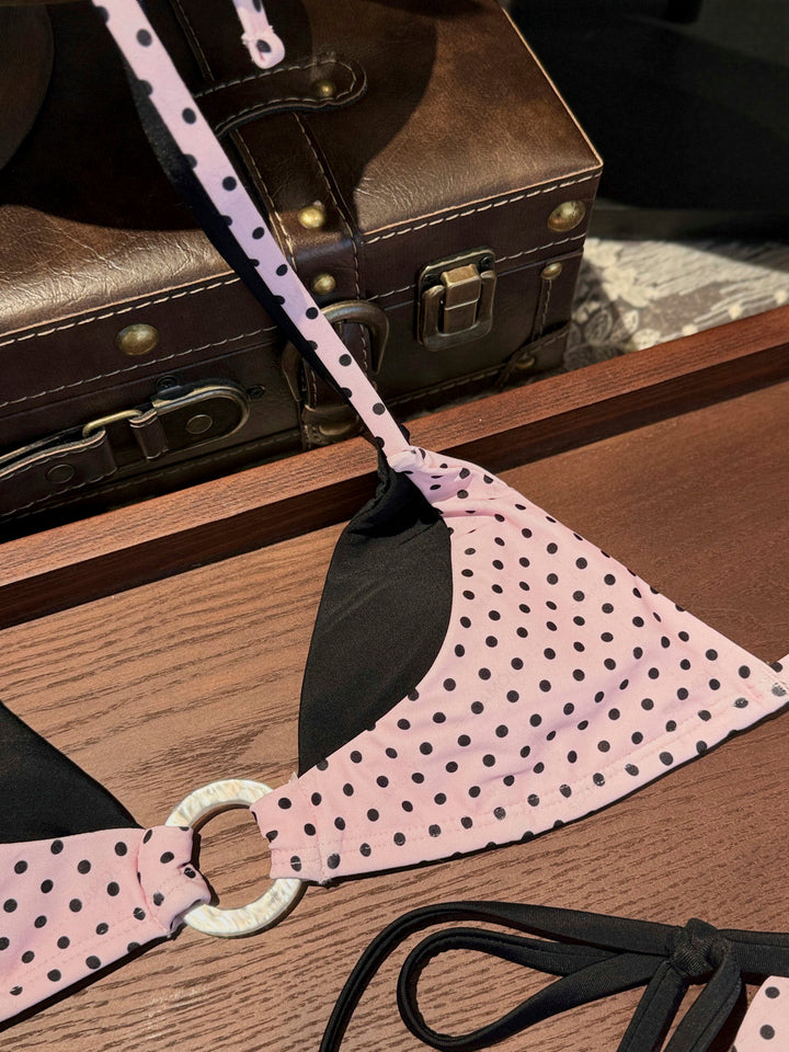 Seamolly Polka Dot Print Contrast Color O Ring Double Layer Bikini Set