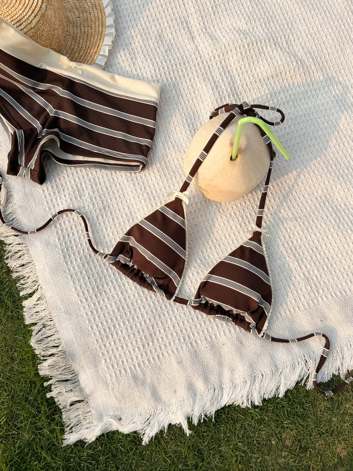 Deep Coffee Striped Lace Bowknot Halter Triangle Bikini Top