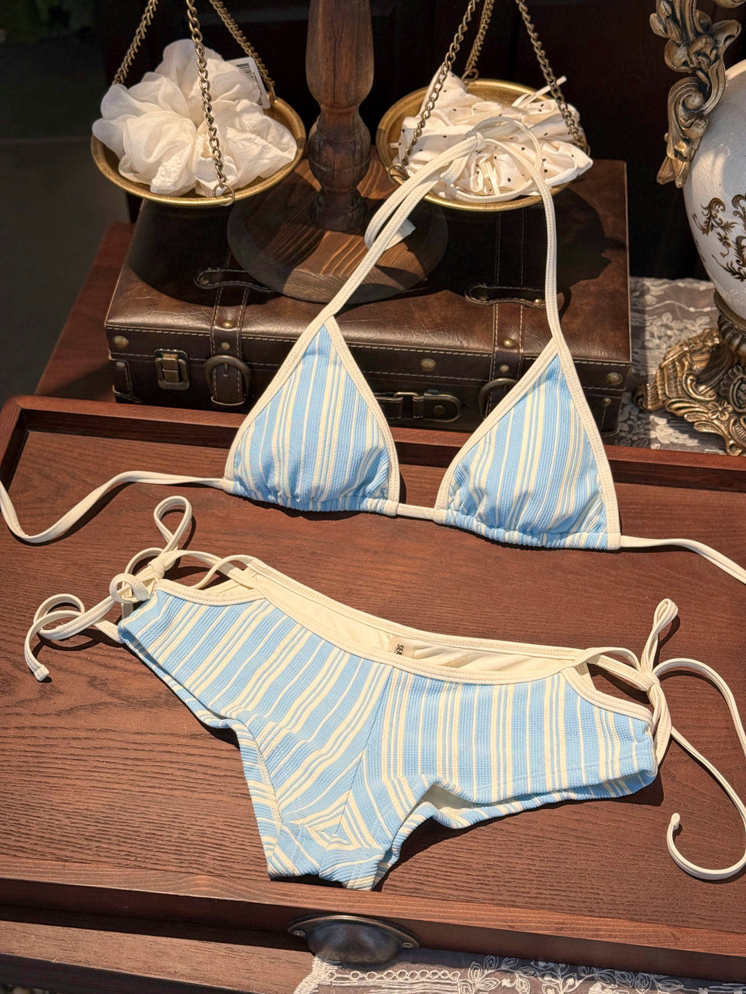 Seamolly Striped Contrast Binding Cutout Tied Cheeky Boyshorts Bikini Set