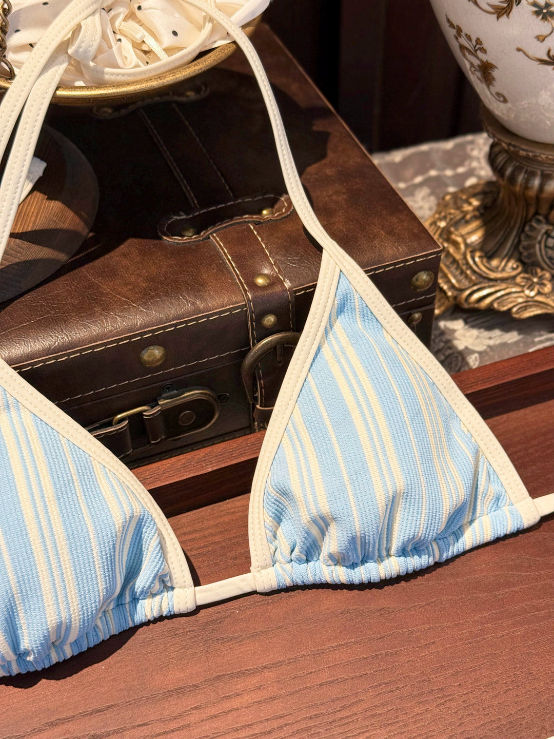 Seamolly Striped Contrast Binding Cutout Tied Cheeky Boyshorts Bikini Set