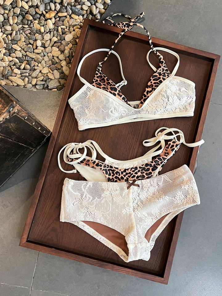 Seamolly 3 Piece Lace Leopard Print Double Layer Cheeky Boyshort Bikini Set