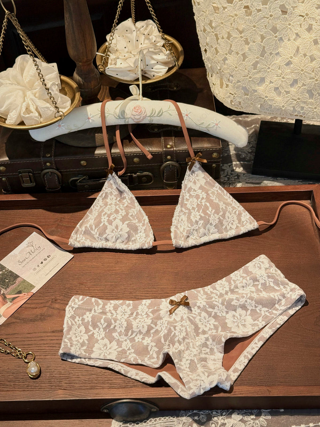 Seamolly Lace Floral Bowknot Triangle Cheeky Boyshorts Bikini Set
