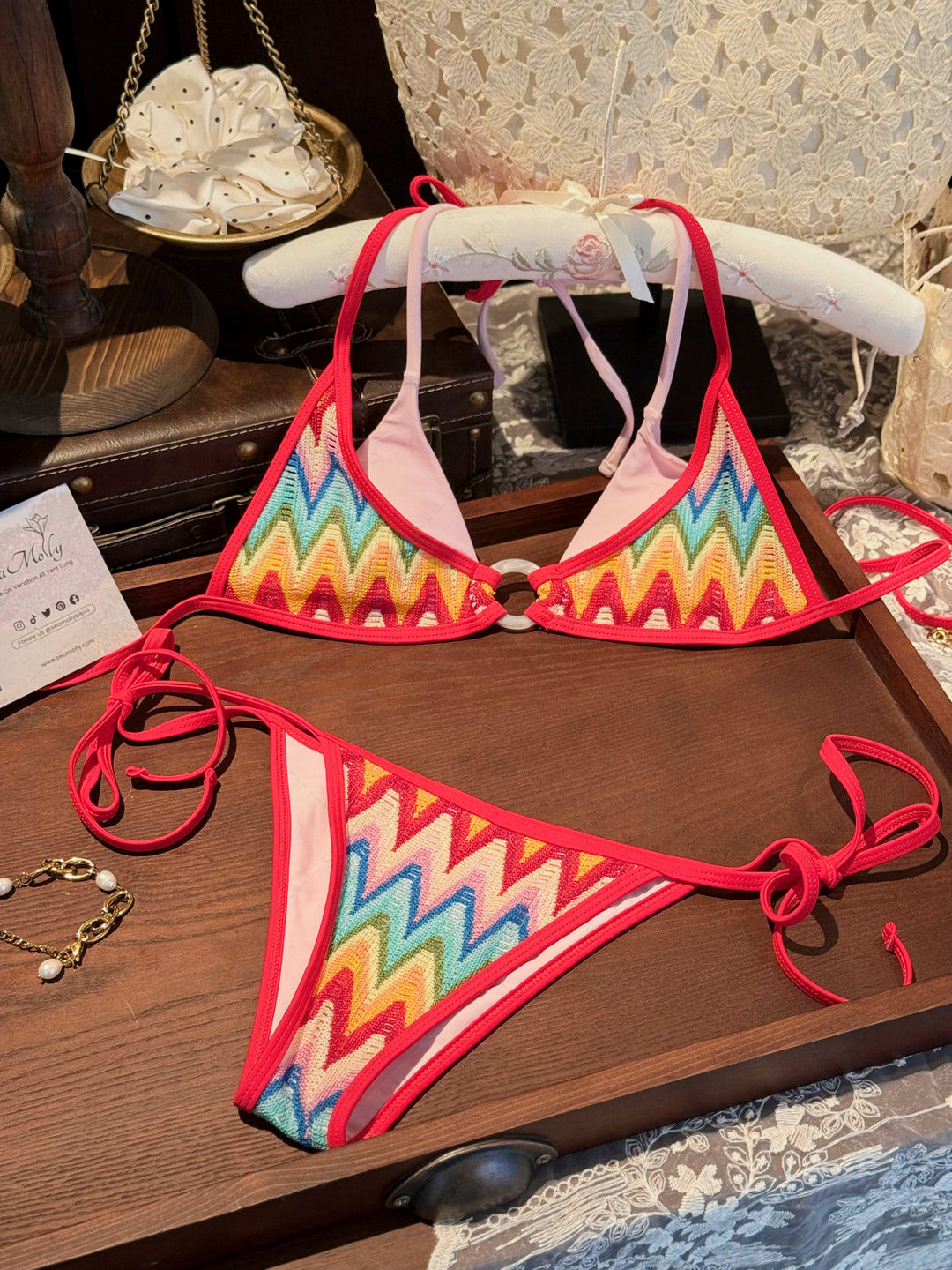 Seamolly Crochet Rainbow Chevron Contrast Binding O Ring Double Layer Bikini Set