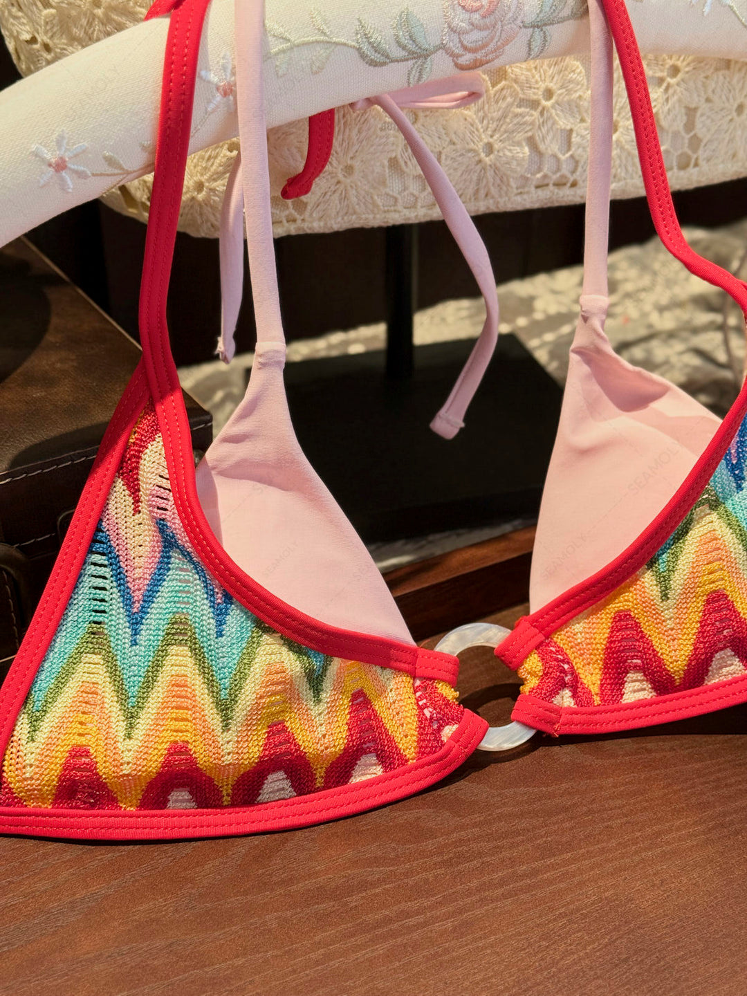Seamolly Crochet Rainbow Chevron Contrast Binding O Ring Double Layer Bikini Set