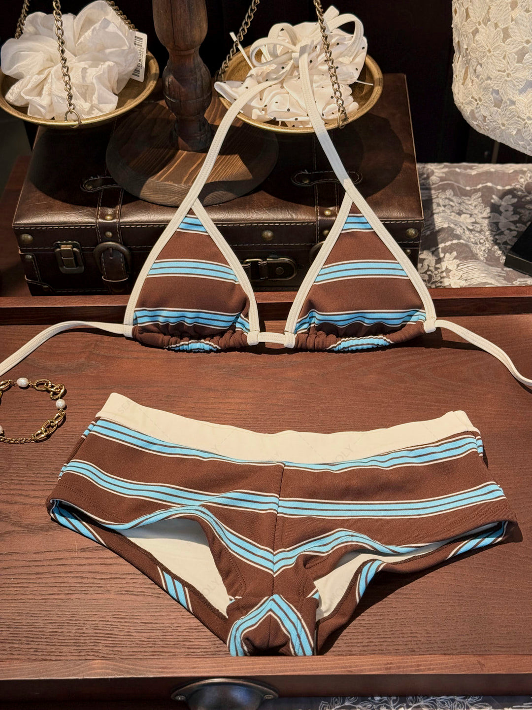 Seamolly Striped Contrast Binding Triangle Cheeky Boyshorts Bikini Set