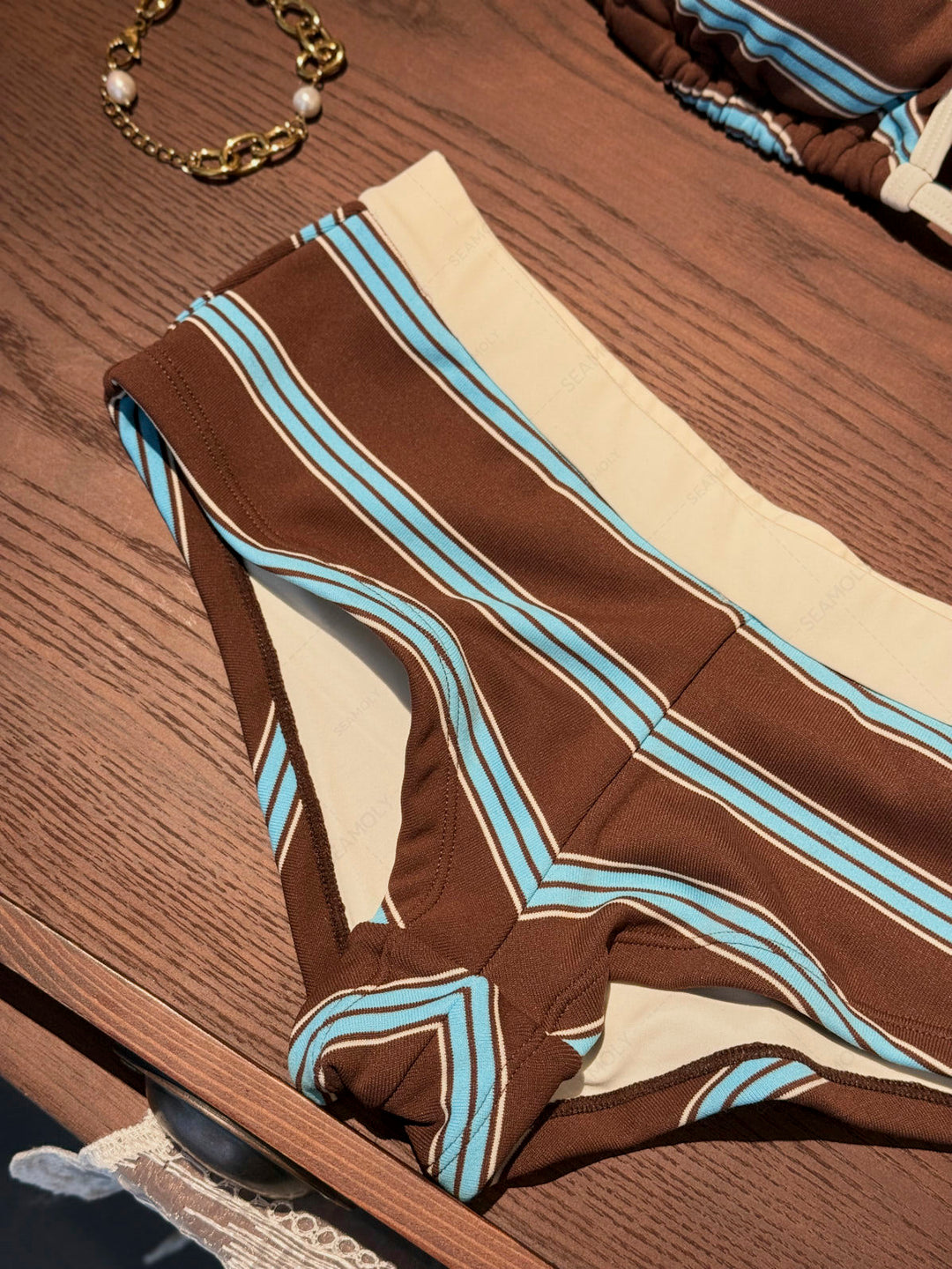 Seamolly Striped Contrast Binding Triangle Cheeky Boyshorts Bikini Set