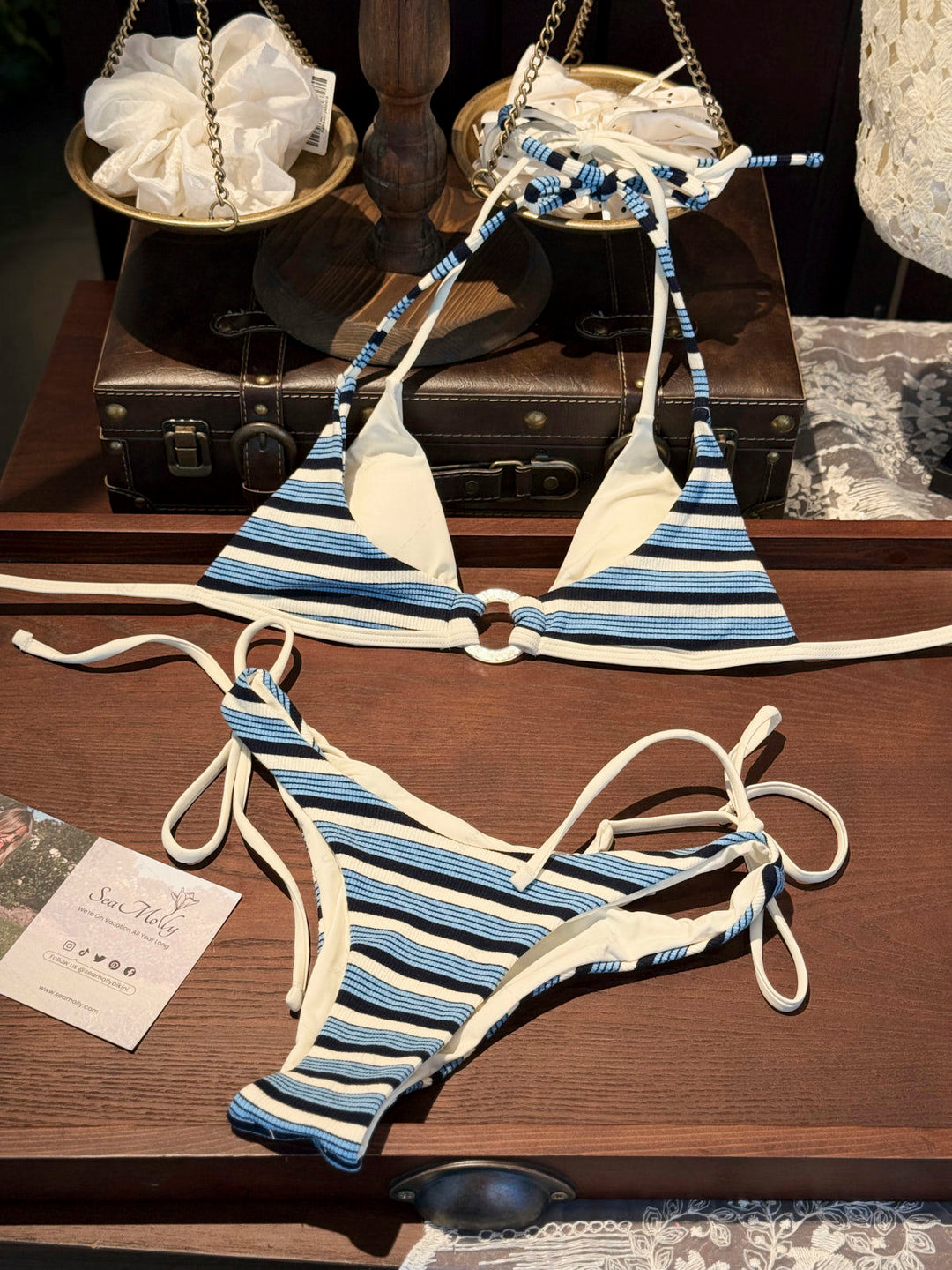 Seamolly Contrast Color Striped O Ring Double Layer Bikini Set