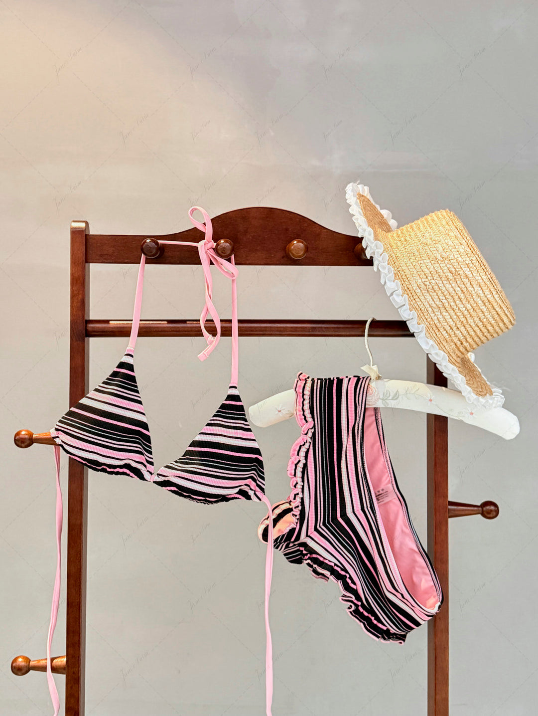 Pink Ribbed Knit Striped Triangle Cheeky Boyshorts Bikini Set