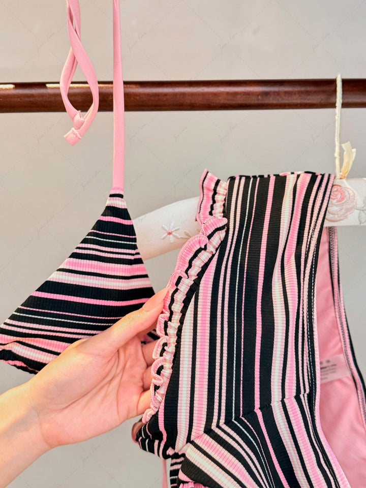 Pink Ribbed Knit Striped Triangle Cheeky Boyshorts Bikini Set