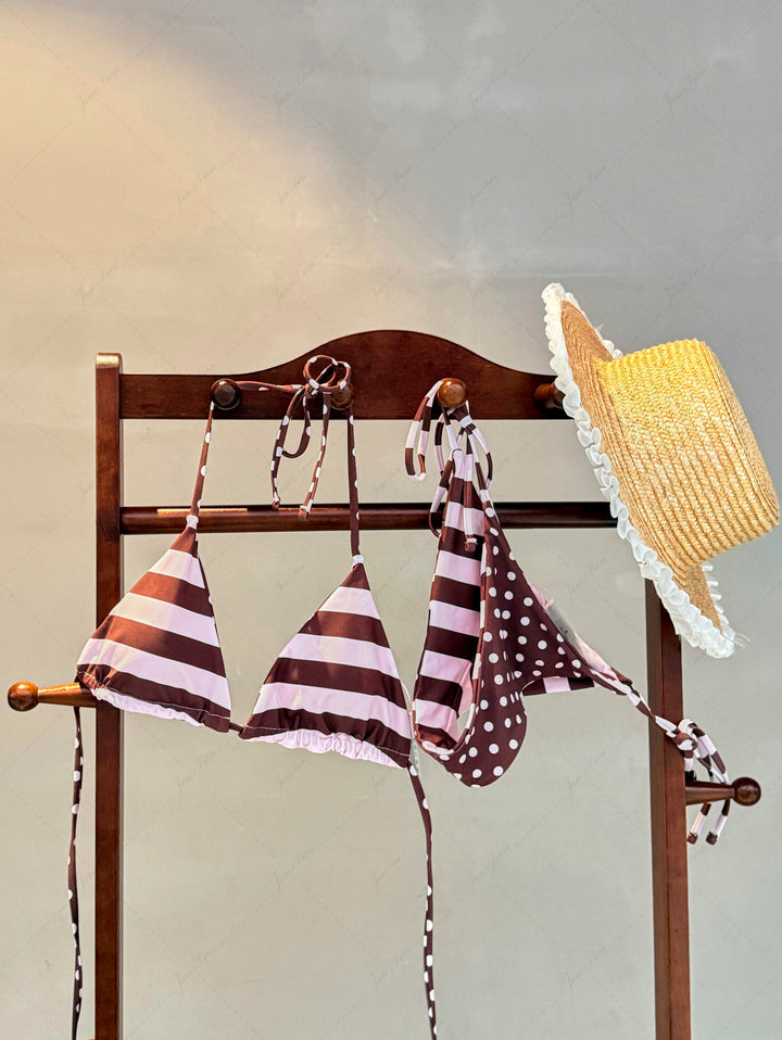 Pink Striped Polka Dot Print Reversible Triangle Top & Cheeky Brazilian Bottom Bikini Set