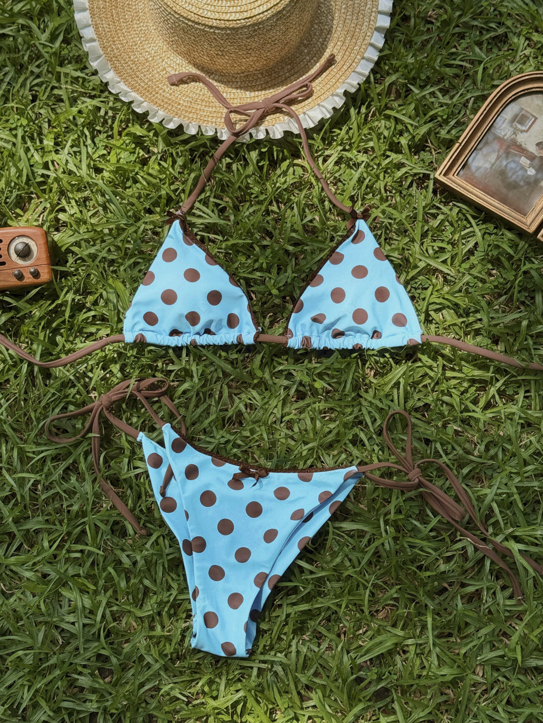 Seamolly Polka Dot Lace Bowknot Triangle Top & Cheeky Brazilian Bottom Bikini Set