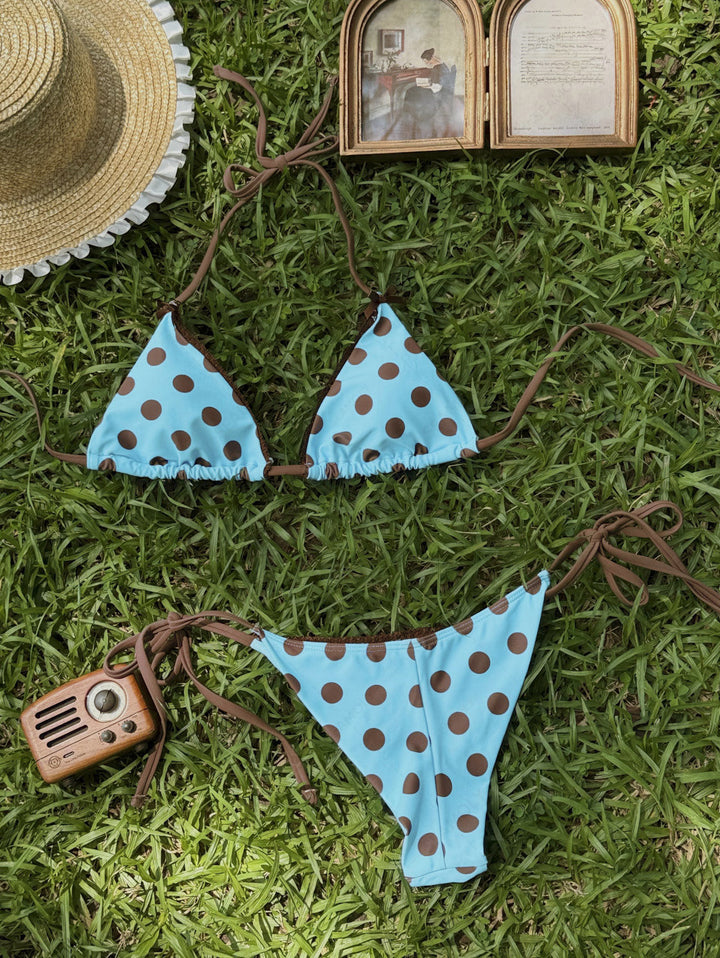Seamolly Polka Dot Lace Bowknot Triangle Top & Cheeky Brazilian Bottom Bikini Set
