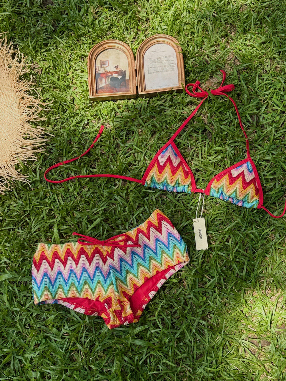 Seamolly Crochet Rainbow Chevron Contrast Binding Cheeky Boyshorts Bikini Set