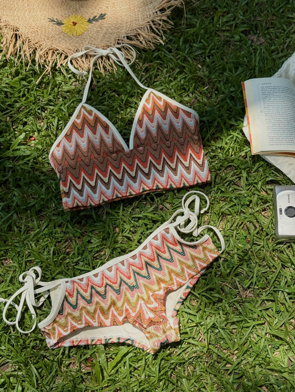 Seamolly Crochet Chevron Halter Cutout Tied Side Cheeky Boyshorts Tankini Set